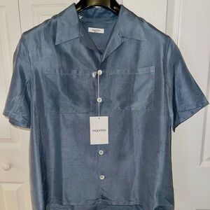 Valentino Men's Blue/Green Silk Short Sleeve Camp Shirt Size 39 IT/15 1/2 US
